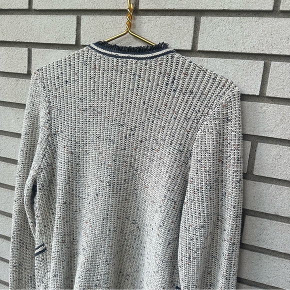 NIC+ZOE Fringe Trim Open Front Textured Knit Jacket Medium Charcoal Cream - Picture 7 of 8